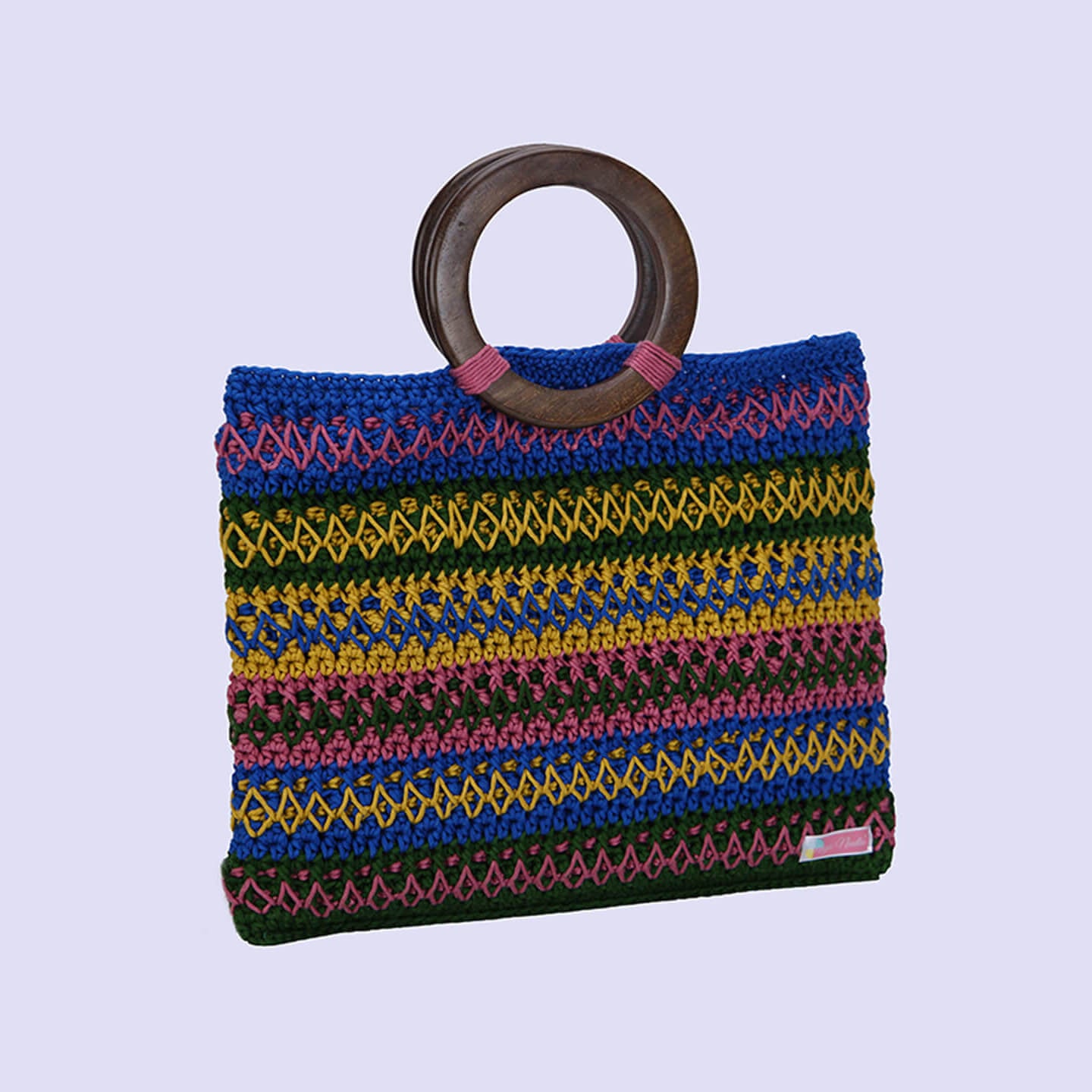 Handmade Cotton Handbag with Wood Handles - Multi - 10363