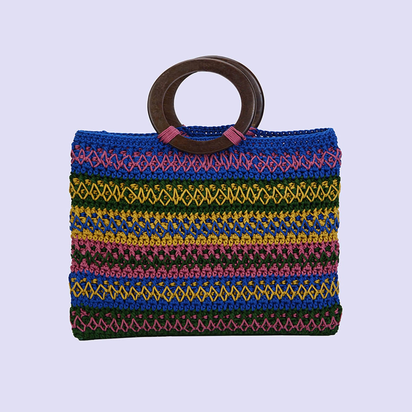 Handmade Cotton Handbag with Wood Handles - Multi - 10363