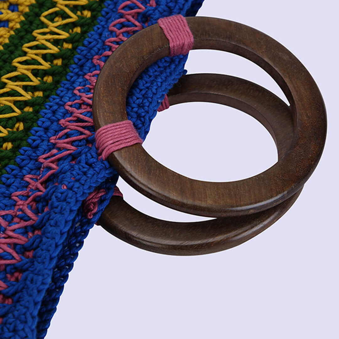 Handmade Cotton Handbag with Wood Handles - Multi - 10363