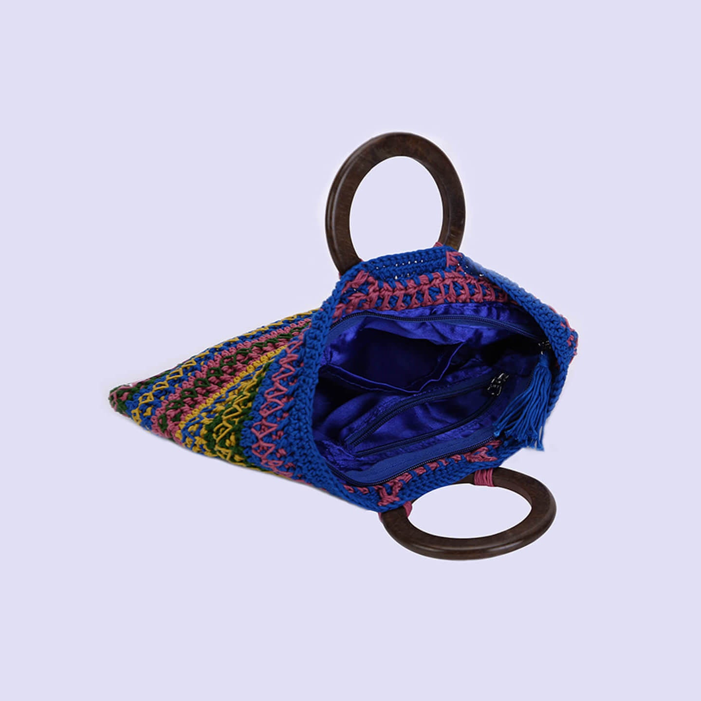 Handmade Cotton Handbag with Wood Handles - Multi - 10363