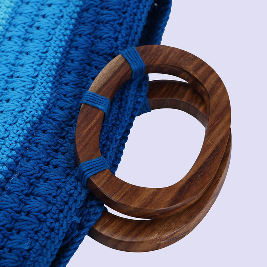 Handmade Cotton Handbag with Wood Handles - Multi - 10367