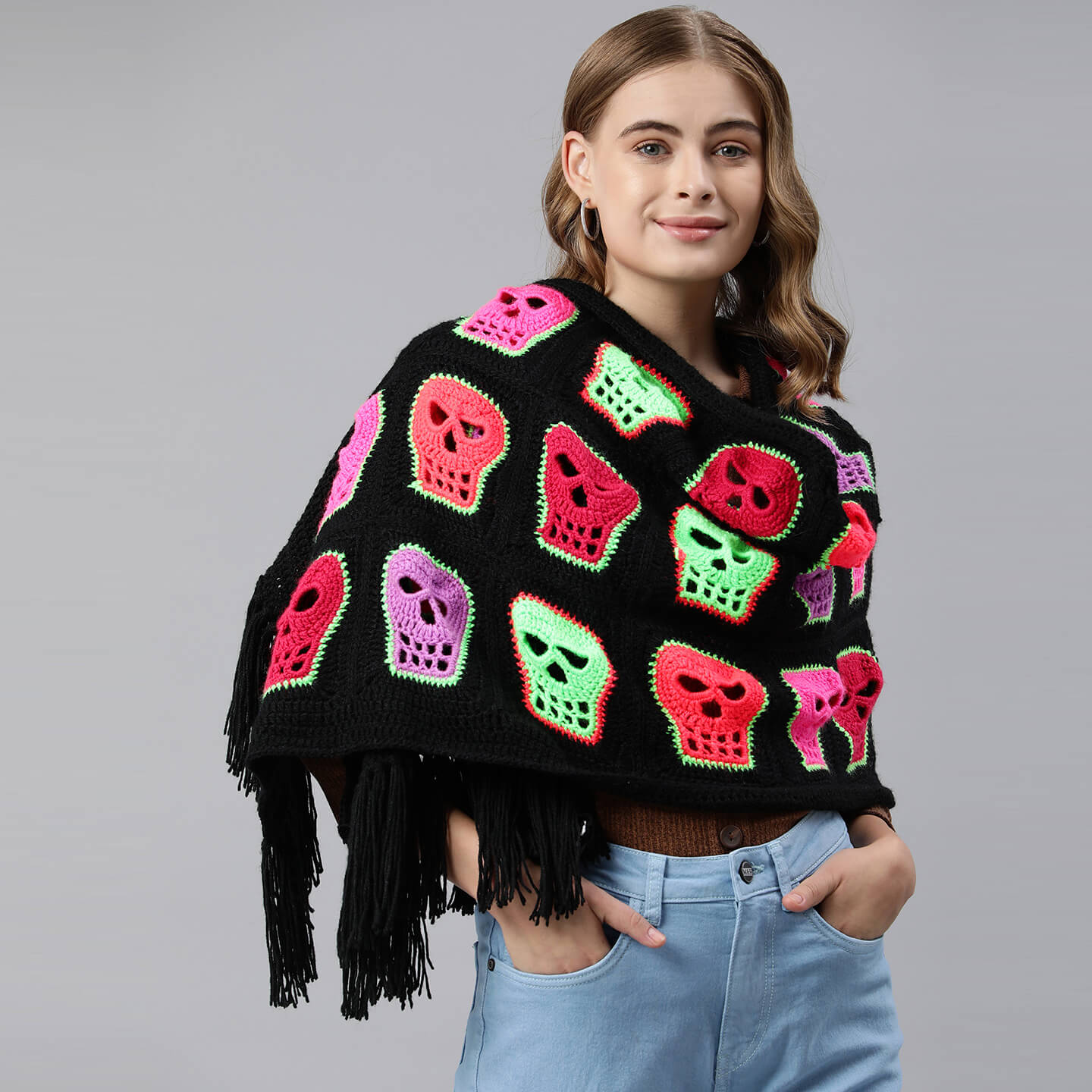 Crochet Skull Shawl with Tassles - Black 3229