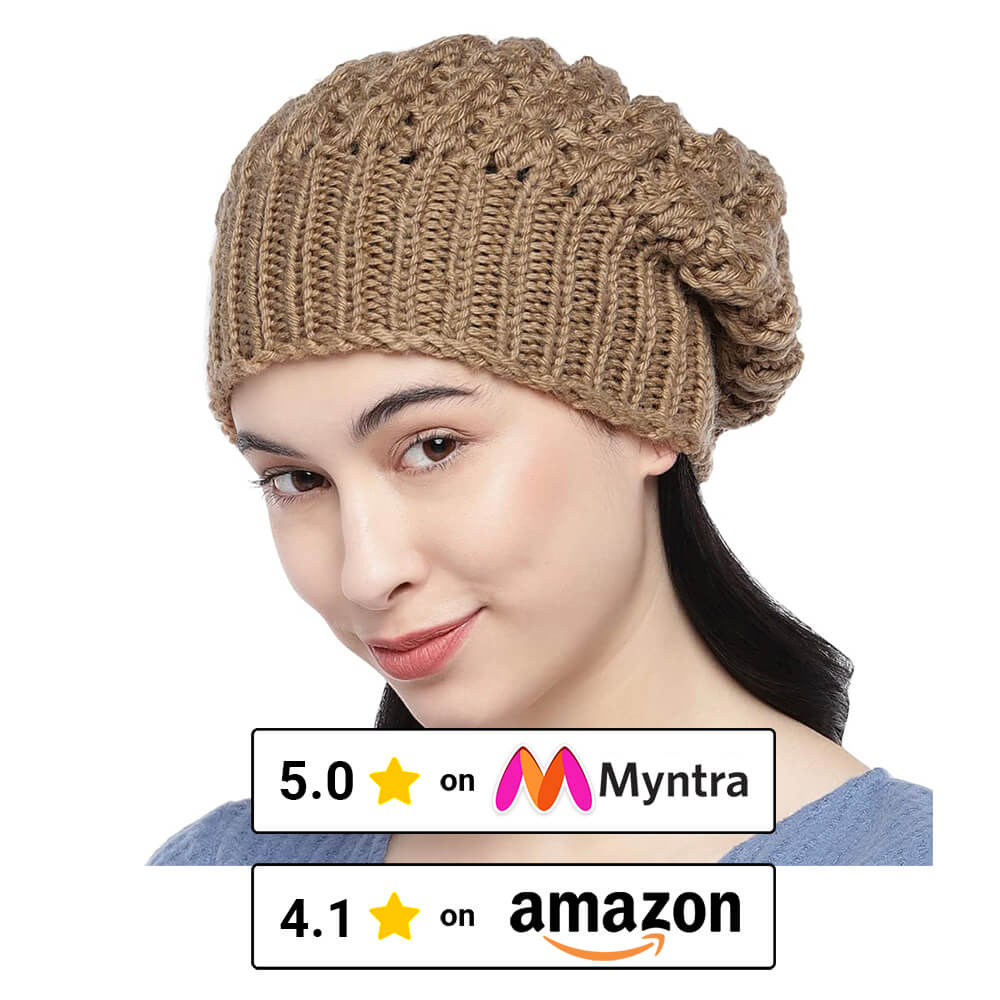 Khaki Self-Design Beanie - 1306