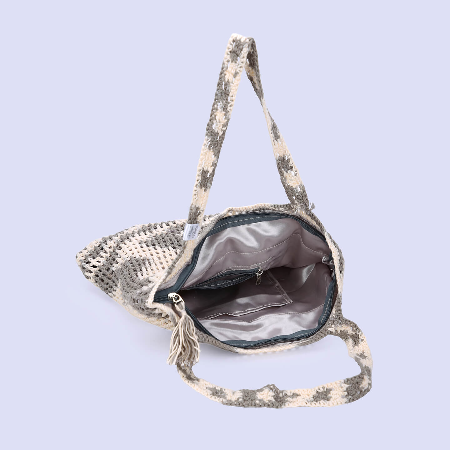 Handmade Crochet Market Bag - Cream, Grey 2800