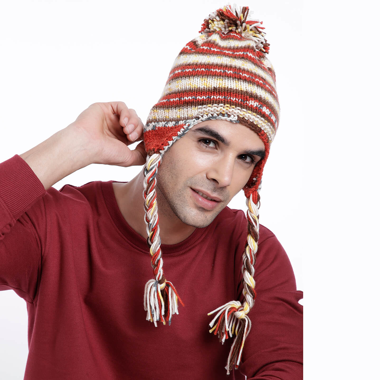 Red Beige Icelandic Beanie - 1740