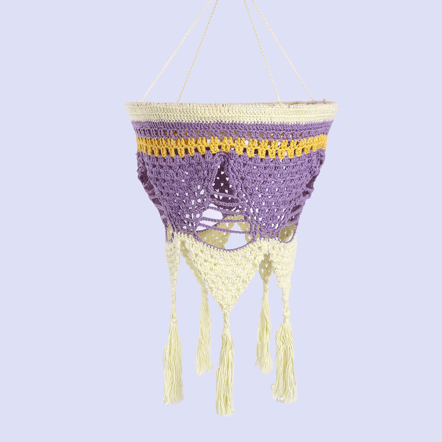 Handmade Crochet Lantern with Tassels - Purple/Yellow