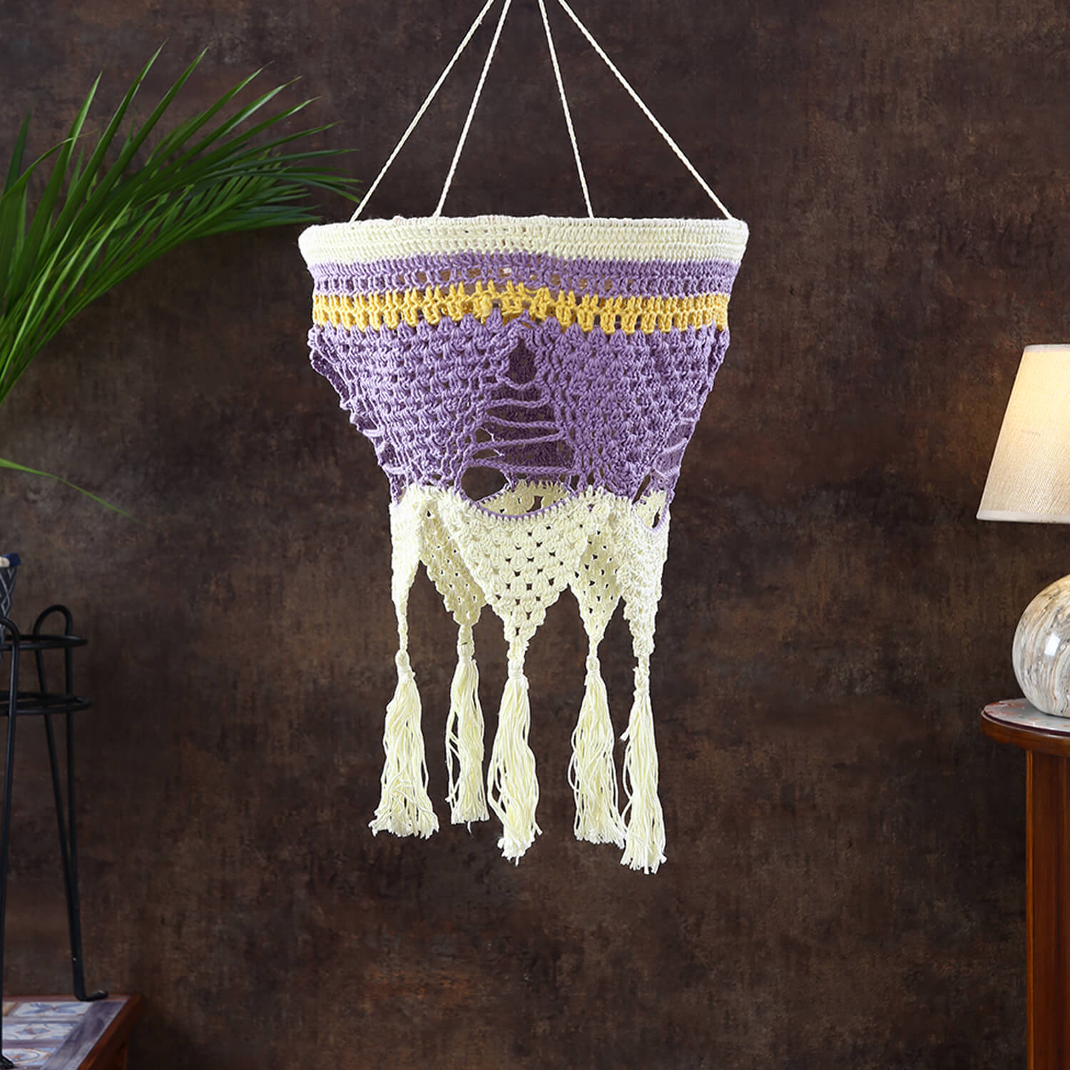 Handmade Crochet Lantern with Tassels - Purple/Yellow