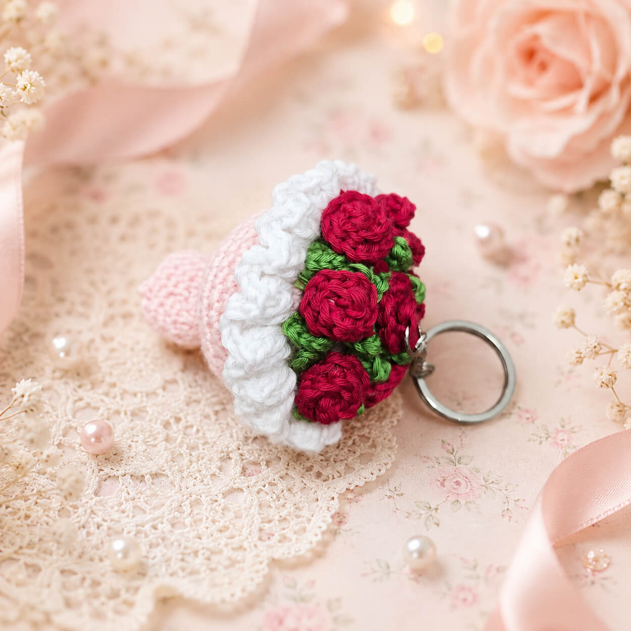 Handmade Crochet Tiny Flower Bouquet Keychain - Candy Floss