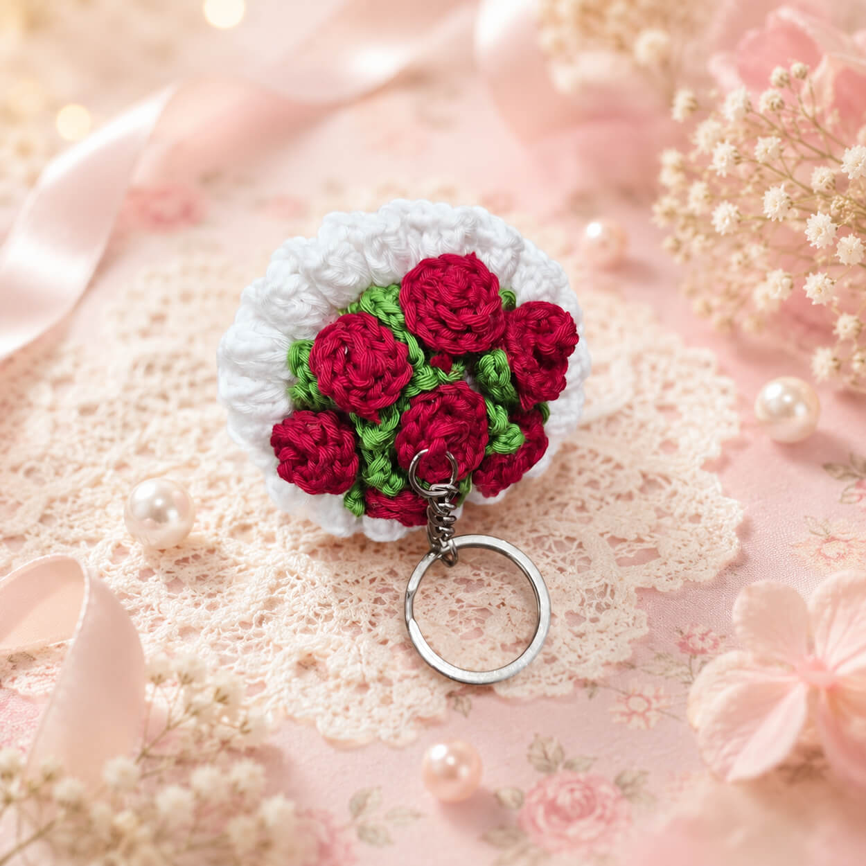 Handmade Crochet Tiny Flower Bouquet Keychain - Candy Floss