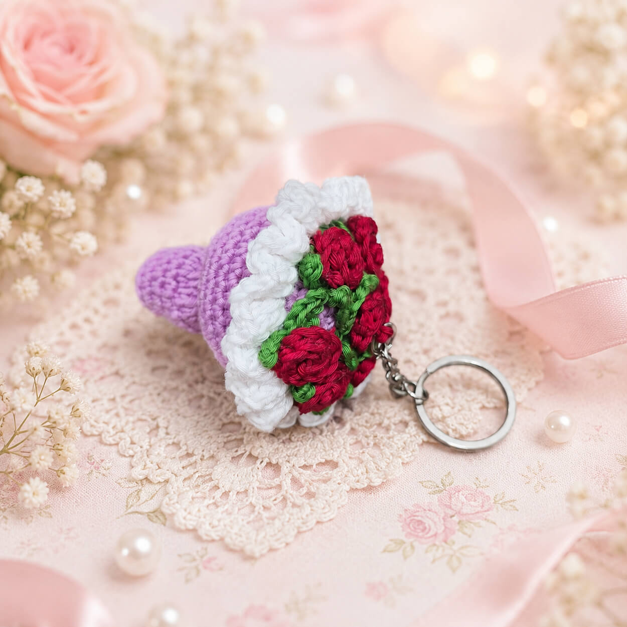 Handmade Crochet Tiny Flower Bouquet Keychain - Lilac