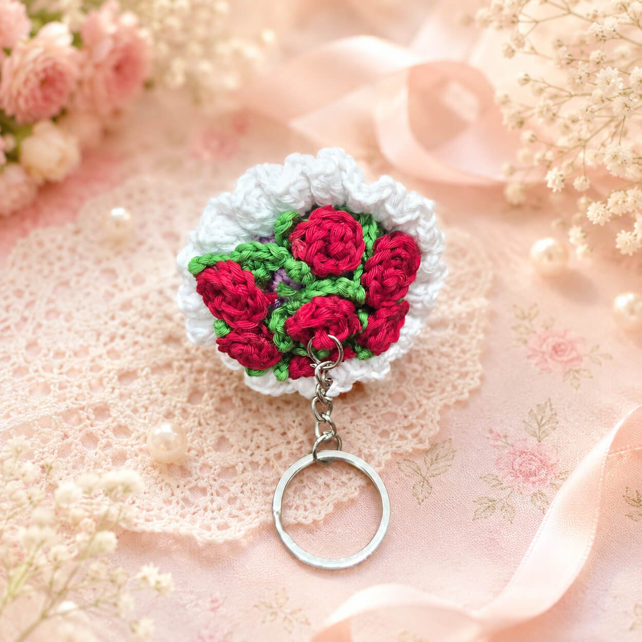 Handmade Crochet Tiny Flower Bouquet Keychain - Lilac