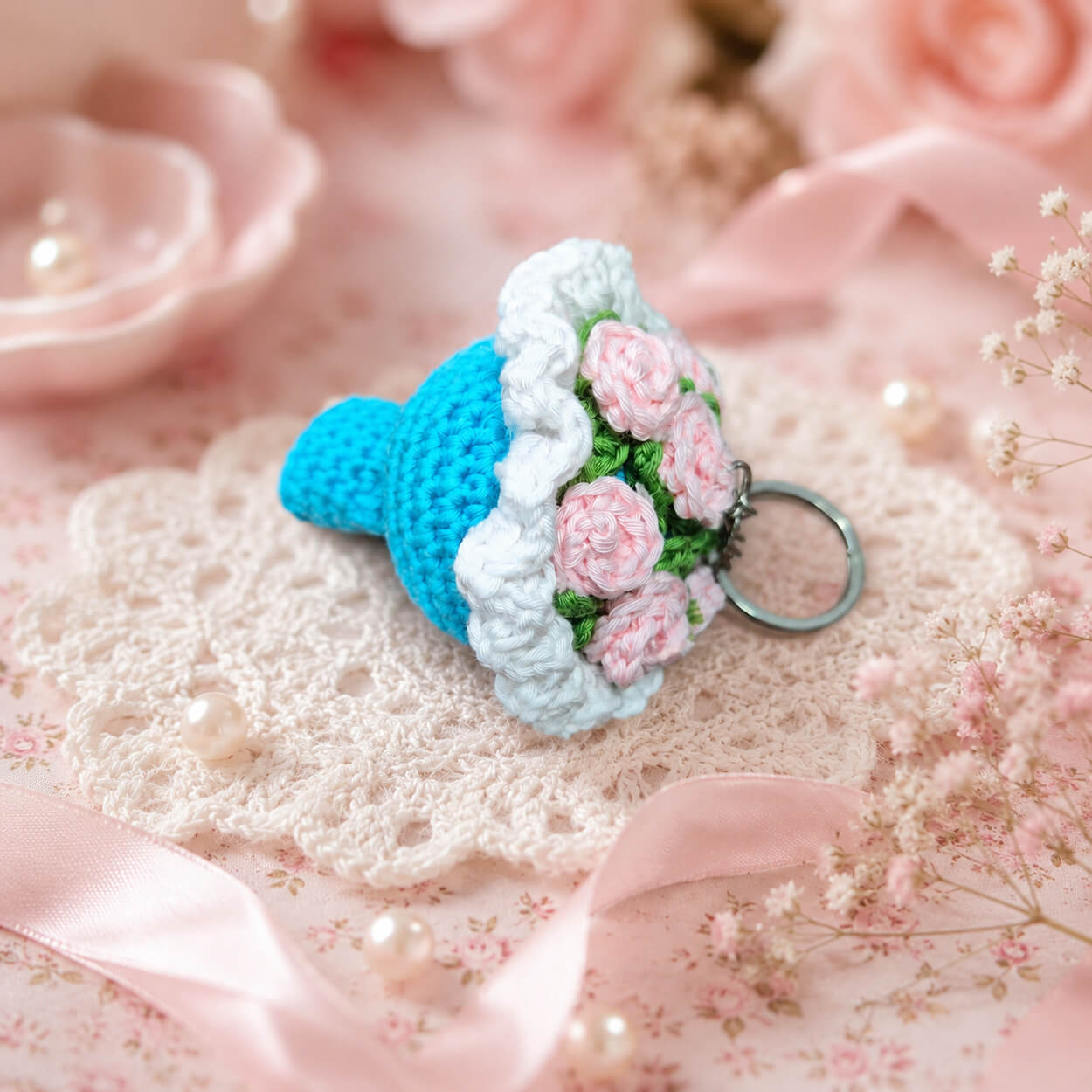 Handmade Crochet Tiny Flower Bouquet Keychain - Sea Blue