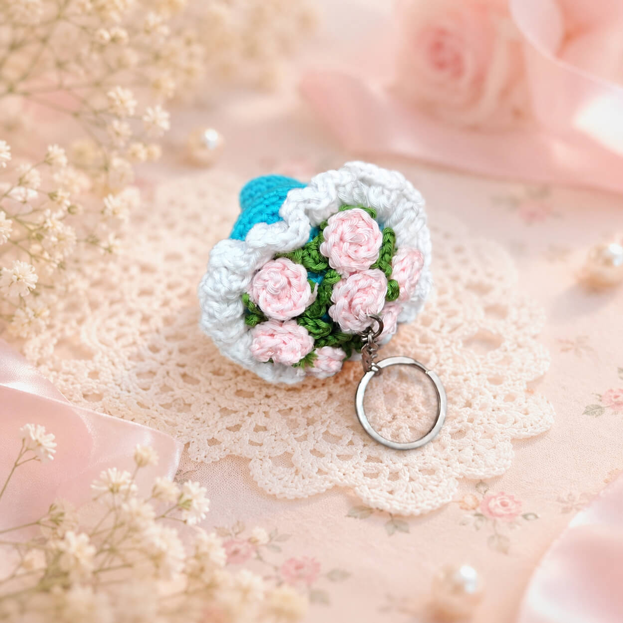 Handmade Crochet Tiny Flower Bouquet Keychain - Sea Blue