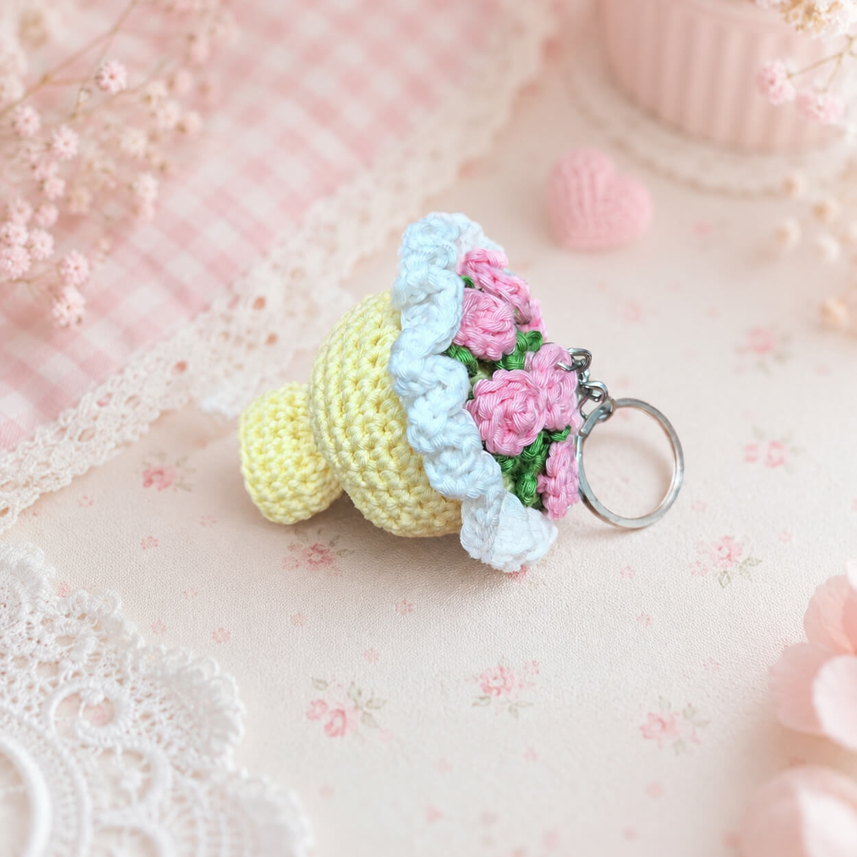 Handmade Crochet Tiny Flower Bouquet Keychain - Citron