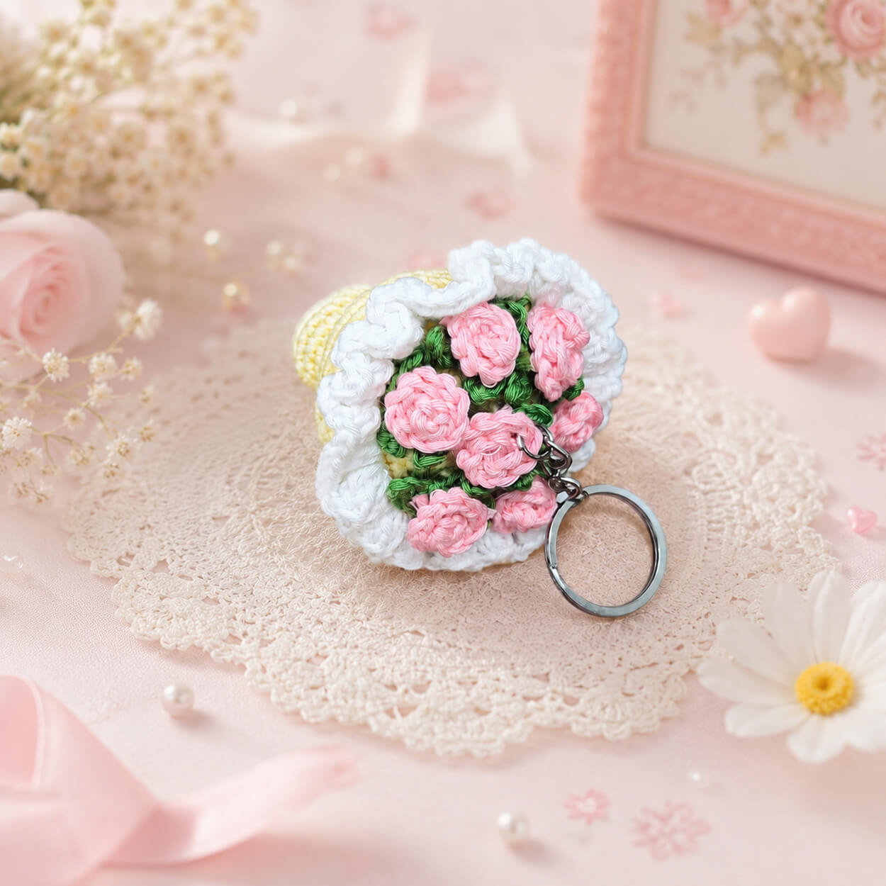 Handmade Crochet Tiny Flower Bouquet Keychain - Citron