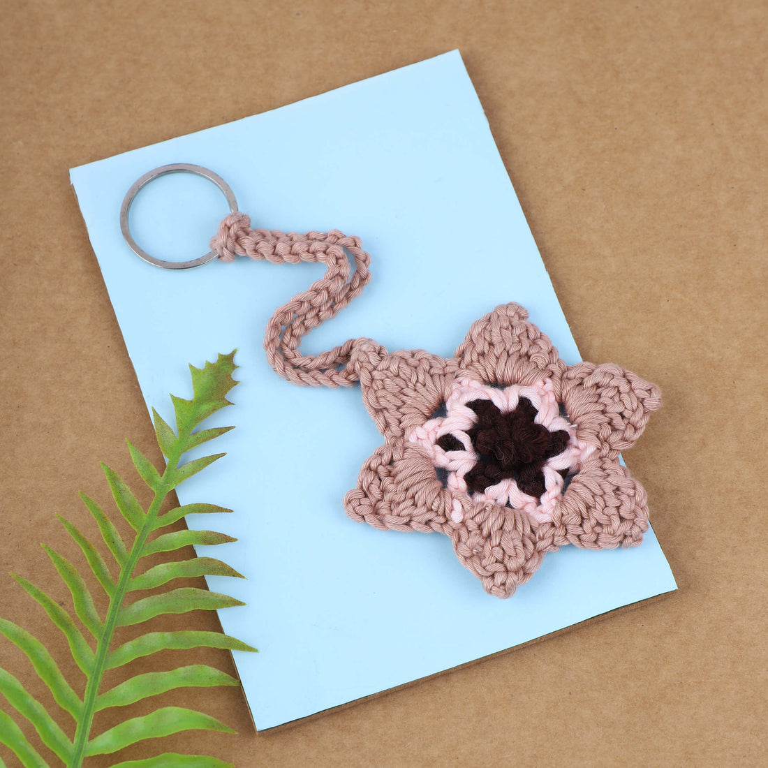 Handmade Crochet 6 Petal Flower Keychain-Mocha