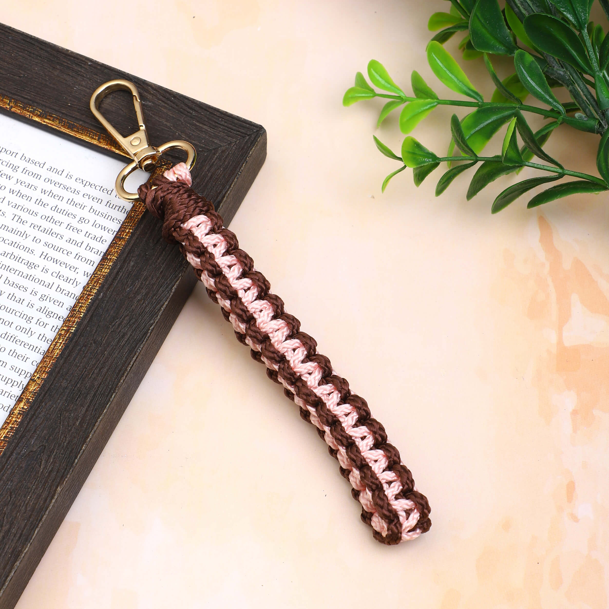 Macrame Wrist Wrap Keychain with Lobster Clasp-Brown/Pink