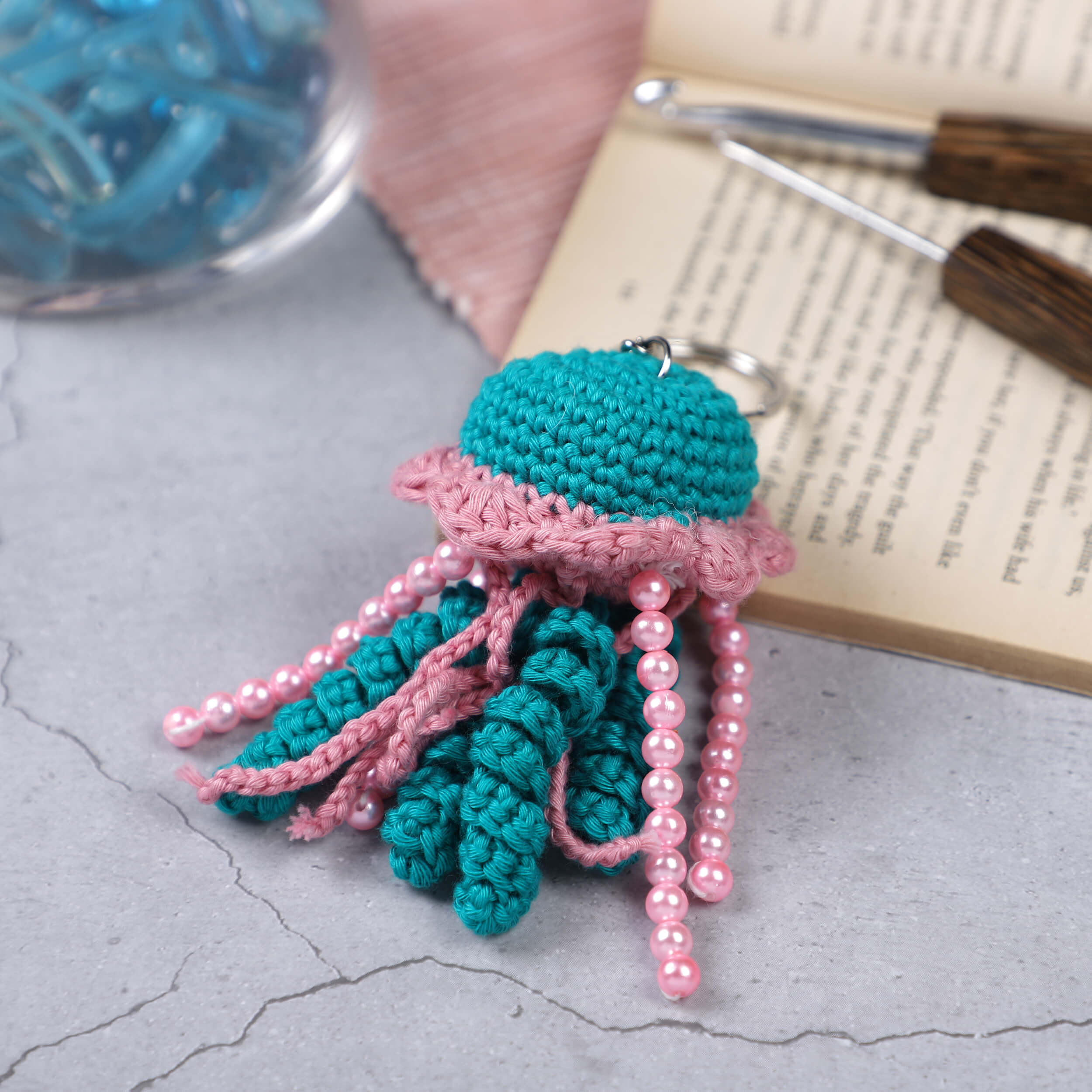 Handmade Crochet Jelly Fish Keychain- Peacock Green/Pretty Pink