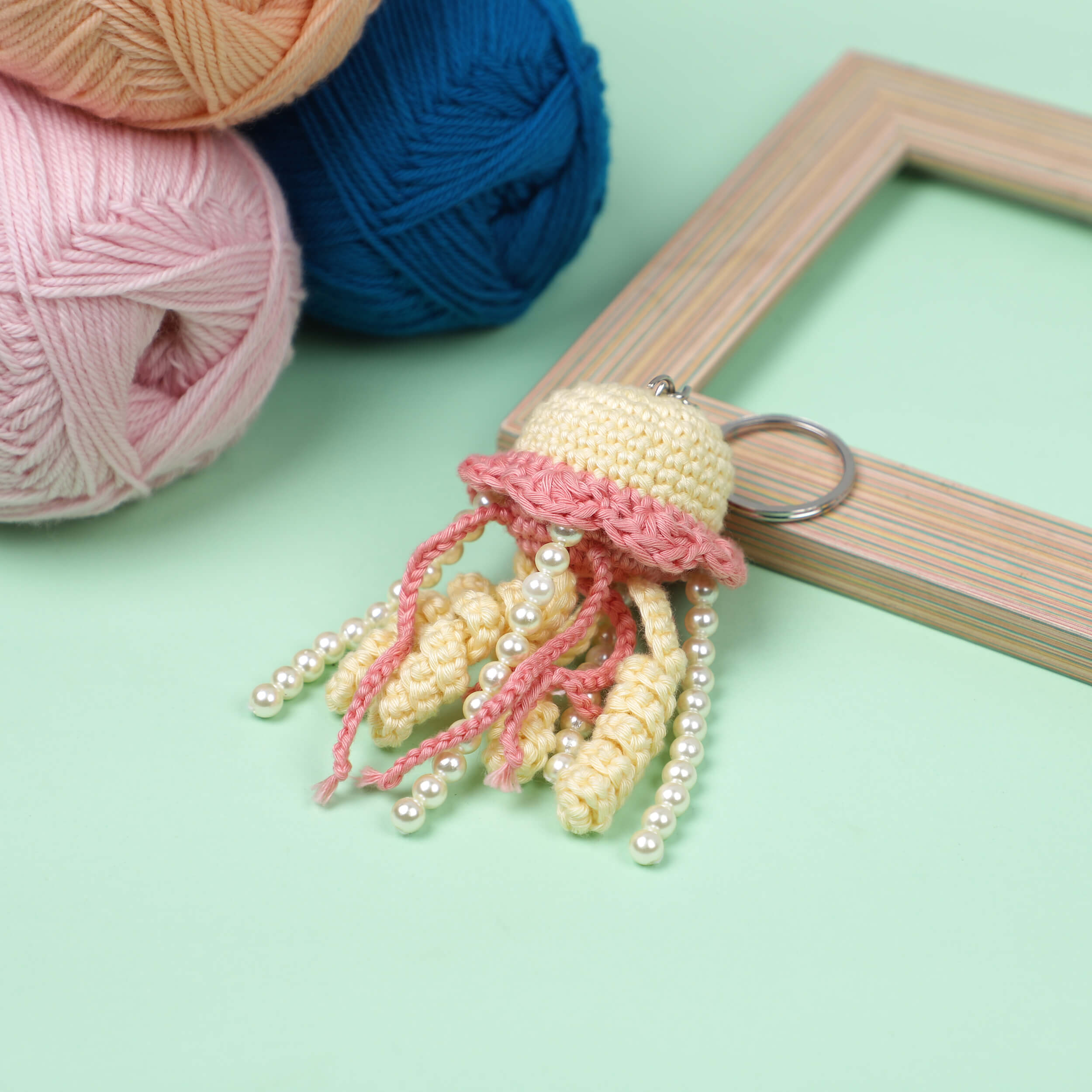 Handmade Crochet Jelly Fish Keychain- Citron/Blush