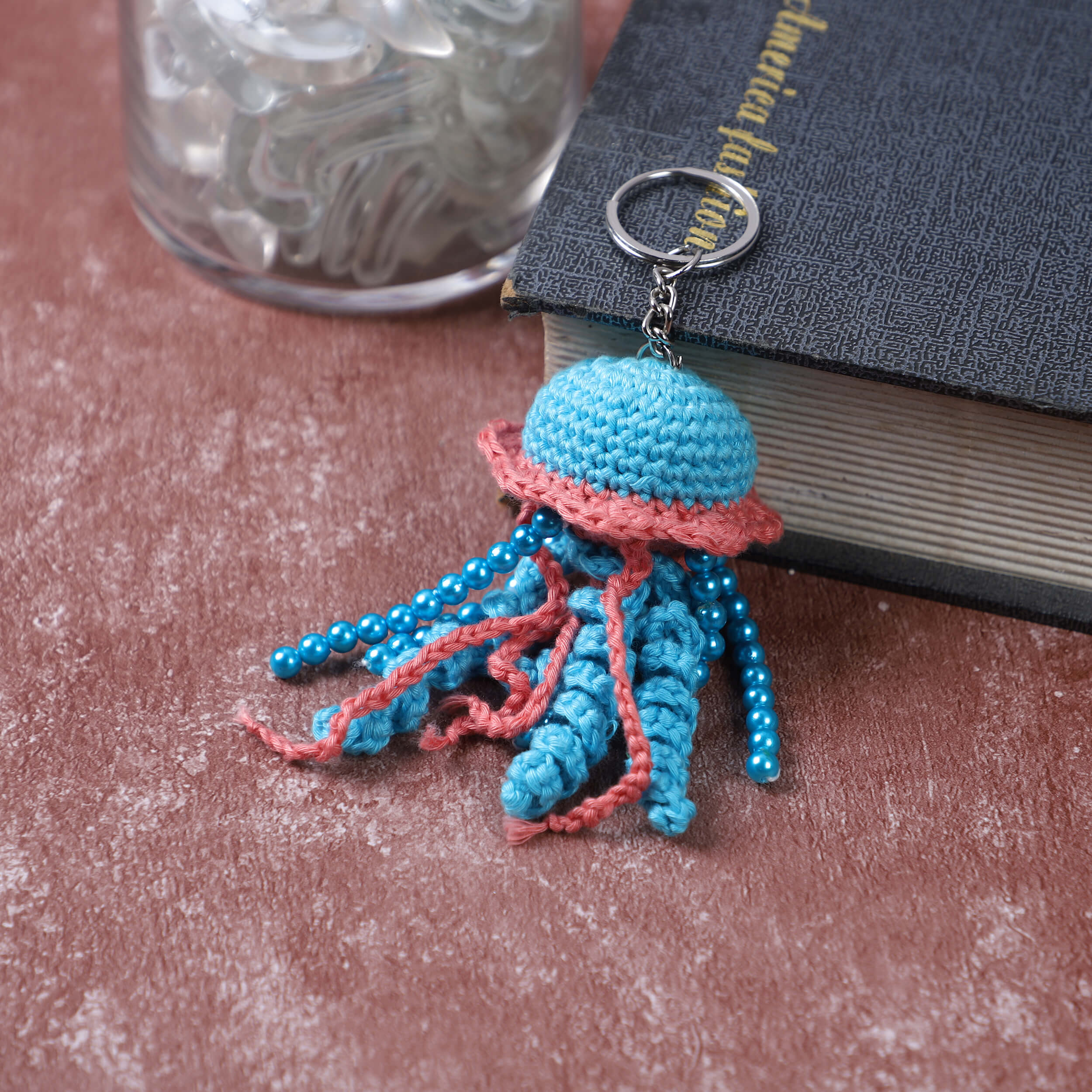 Handmade Crochet Jelly Fish Keychain- Sea Blue/Old Rose