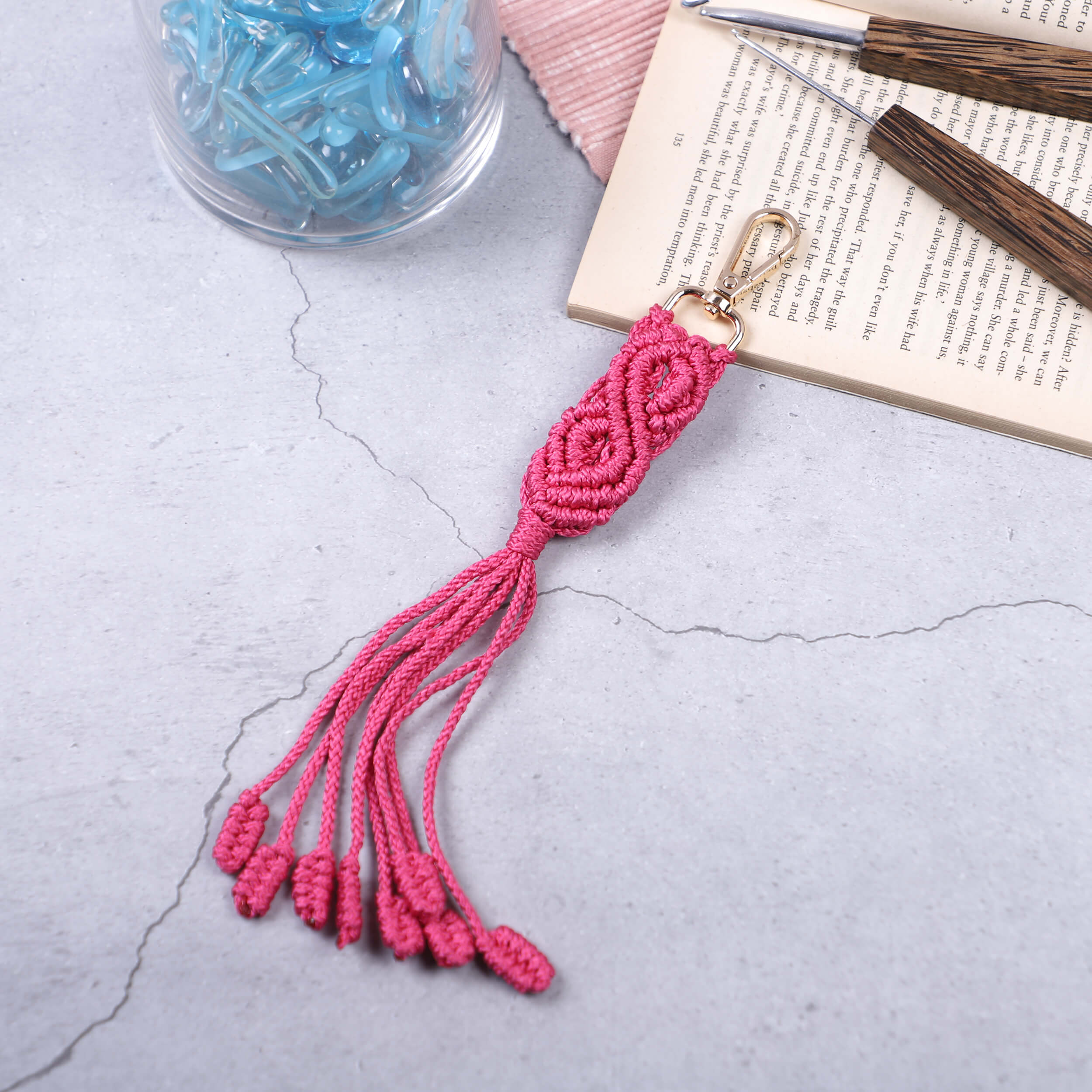 Macrame Long Bag Charms with Lobster Clasp - Dark Pink