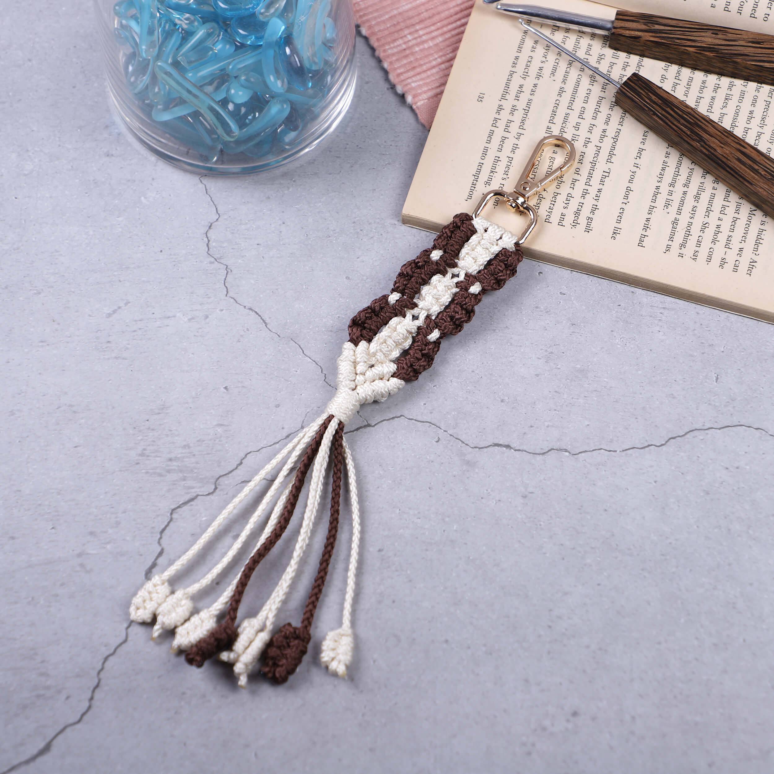 Macrame Long Bag Charms with Lobster Clasp - Brown/White