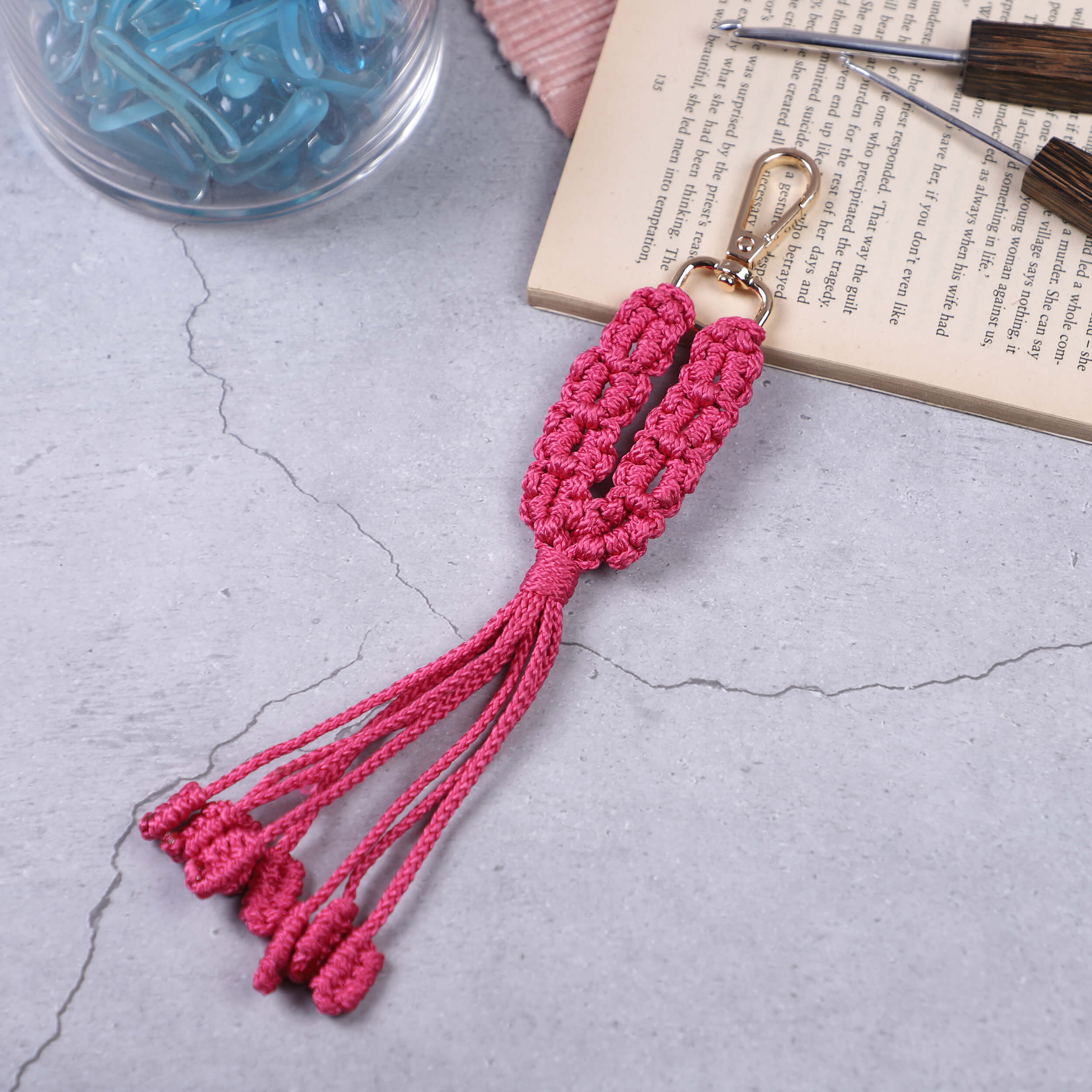 Macrame Long Bag Charms with Lobster Clasp - Dark Pink