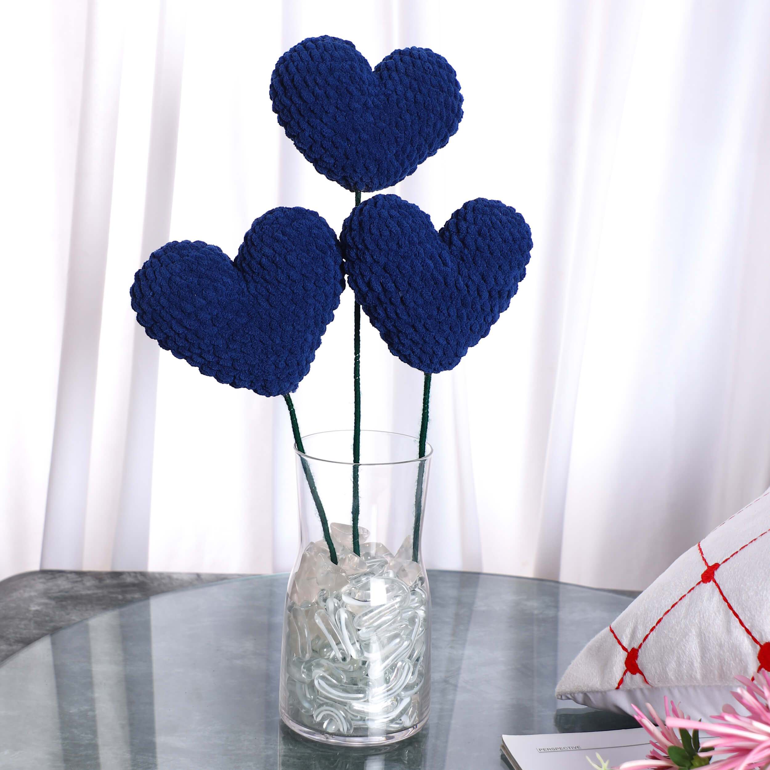 Handmade Amigurumi Heart on a Bendable Stick - Navy Blue