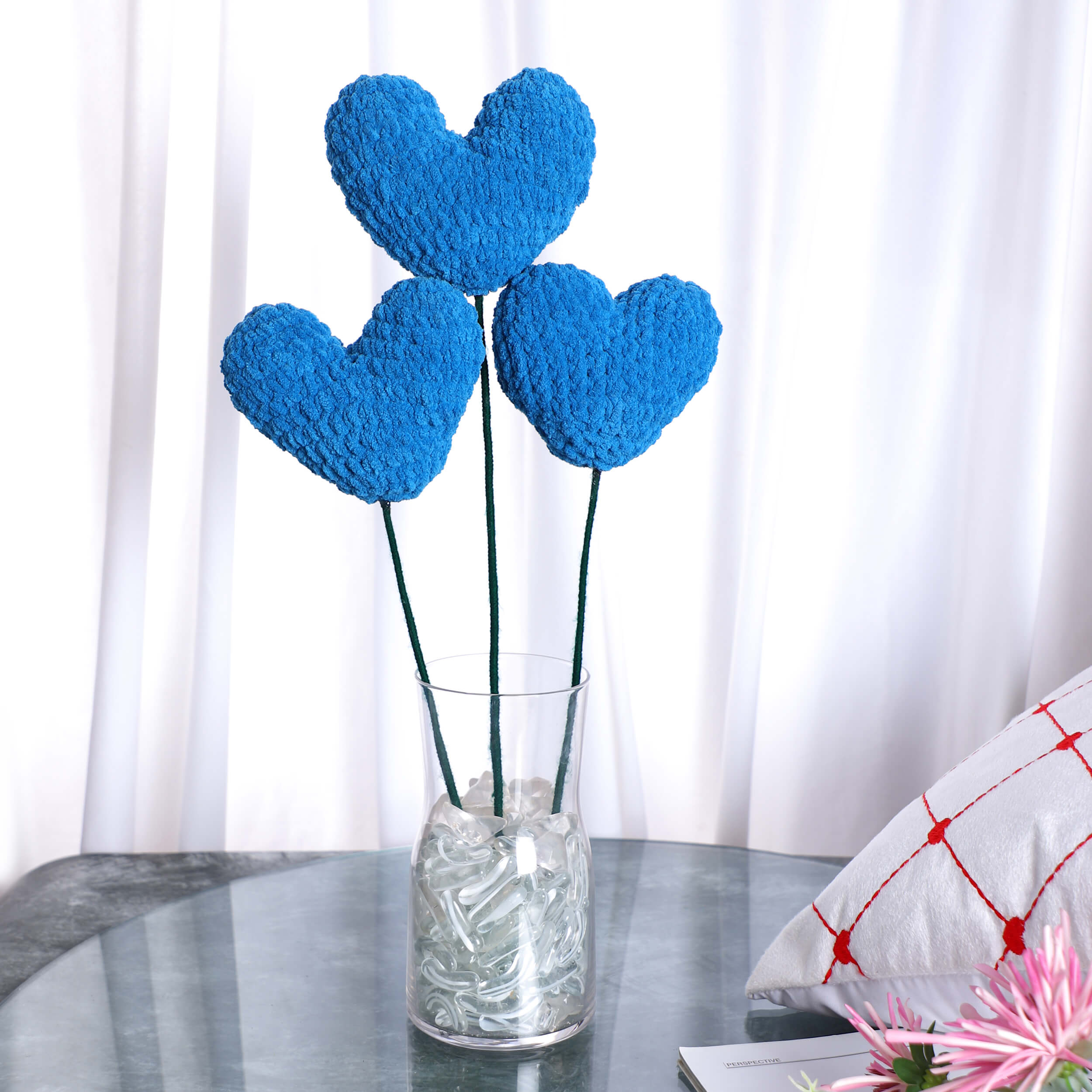 Handmade Amigurumi Heart on a Bendable Stick - Marine Blue