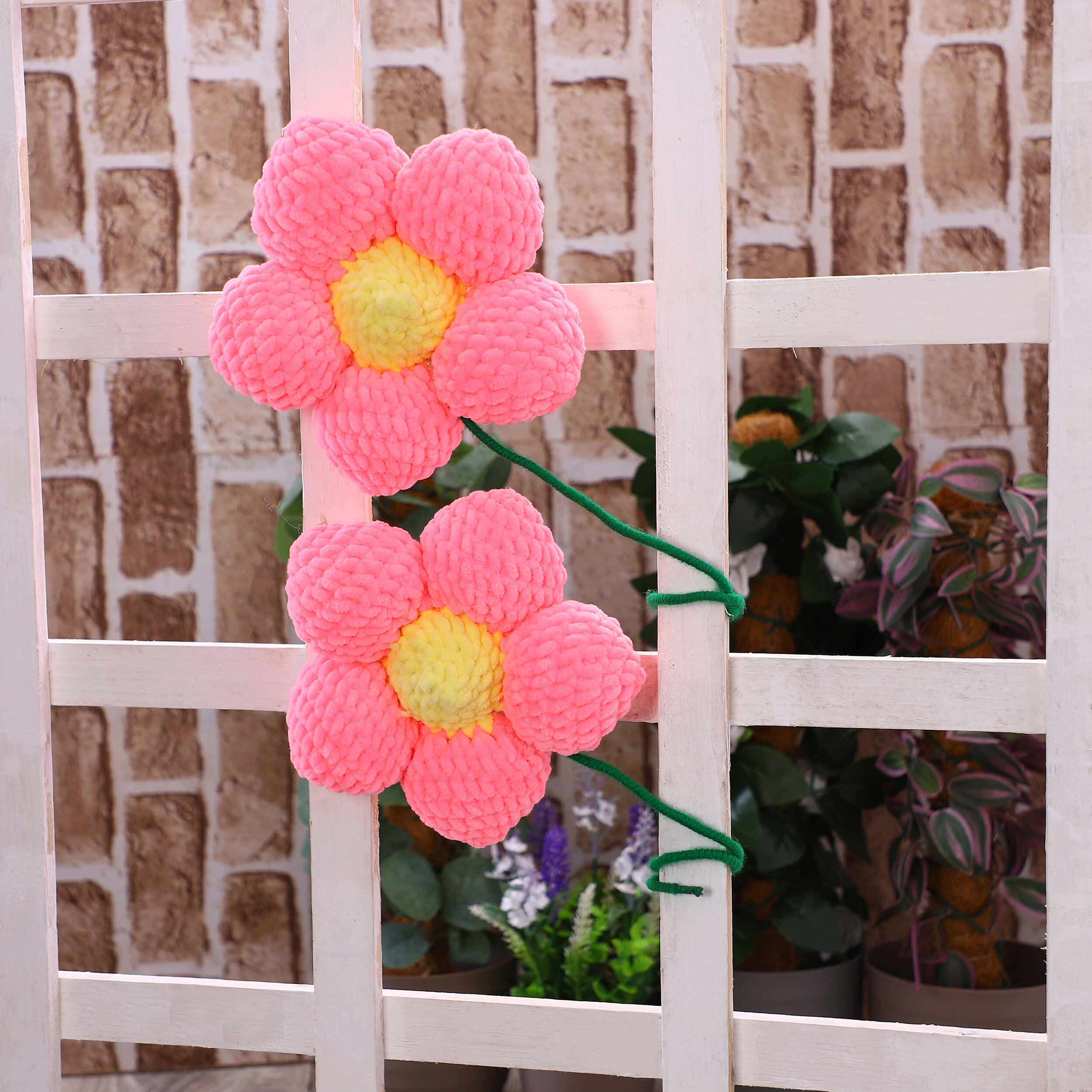 Handmade Amigurumi Flower with Bendable Stem - Neon Pink/Yellow