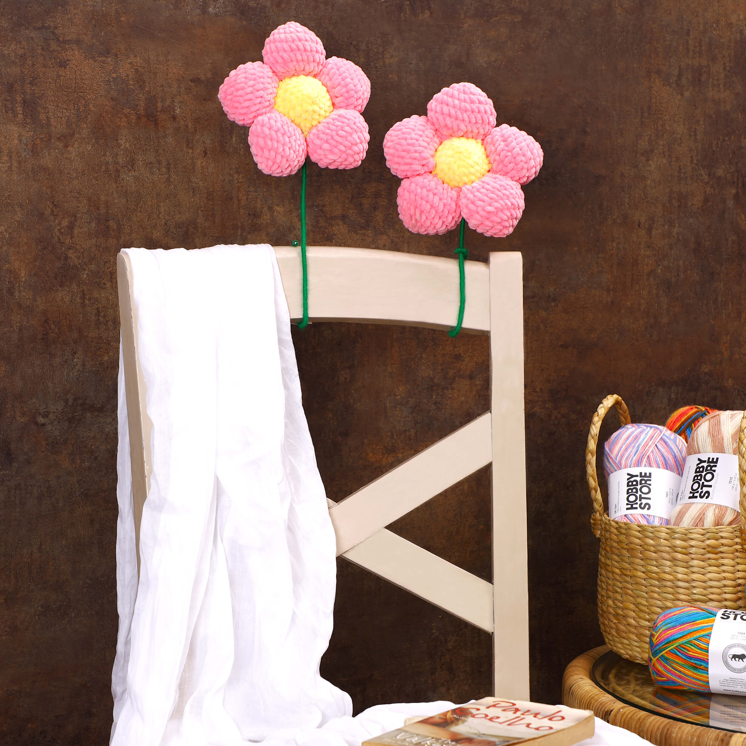 Handmade Amigurumi Flower with Bendable Stem - Neon Pink/Yellow