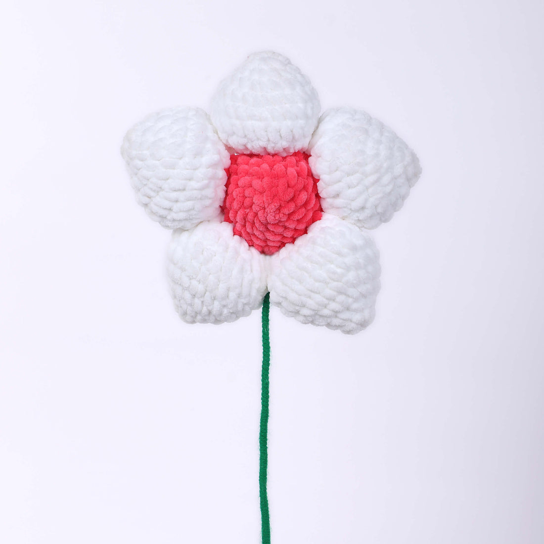 Handmade Amigurumi Flower with Bendable Stem - White/Fuchsia