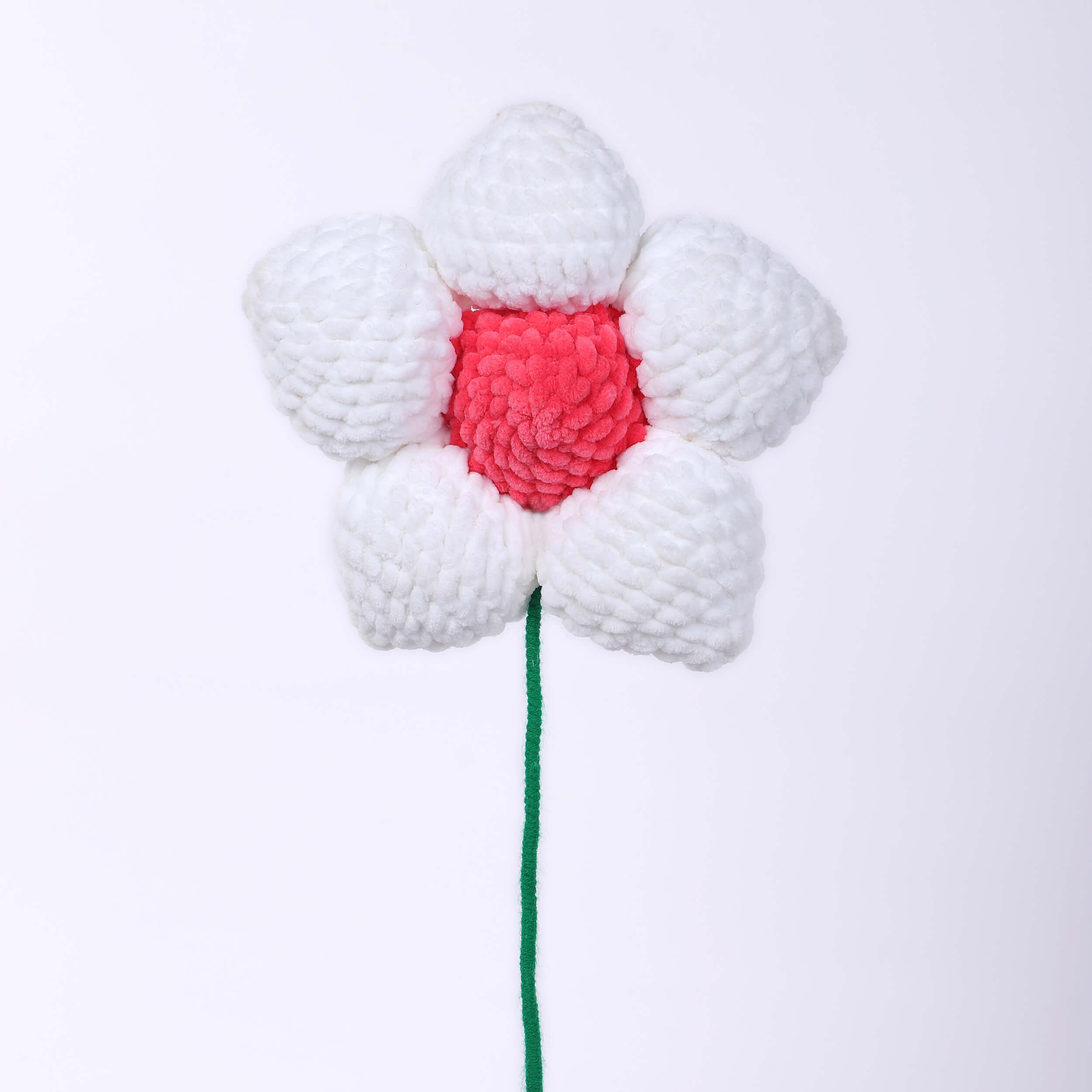 Handmade Amigurumi Flower with Bendable Stem - White/Fuchsia