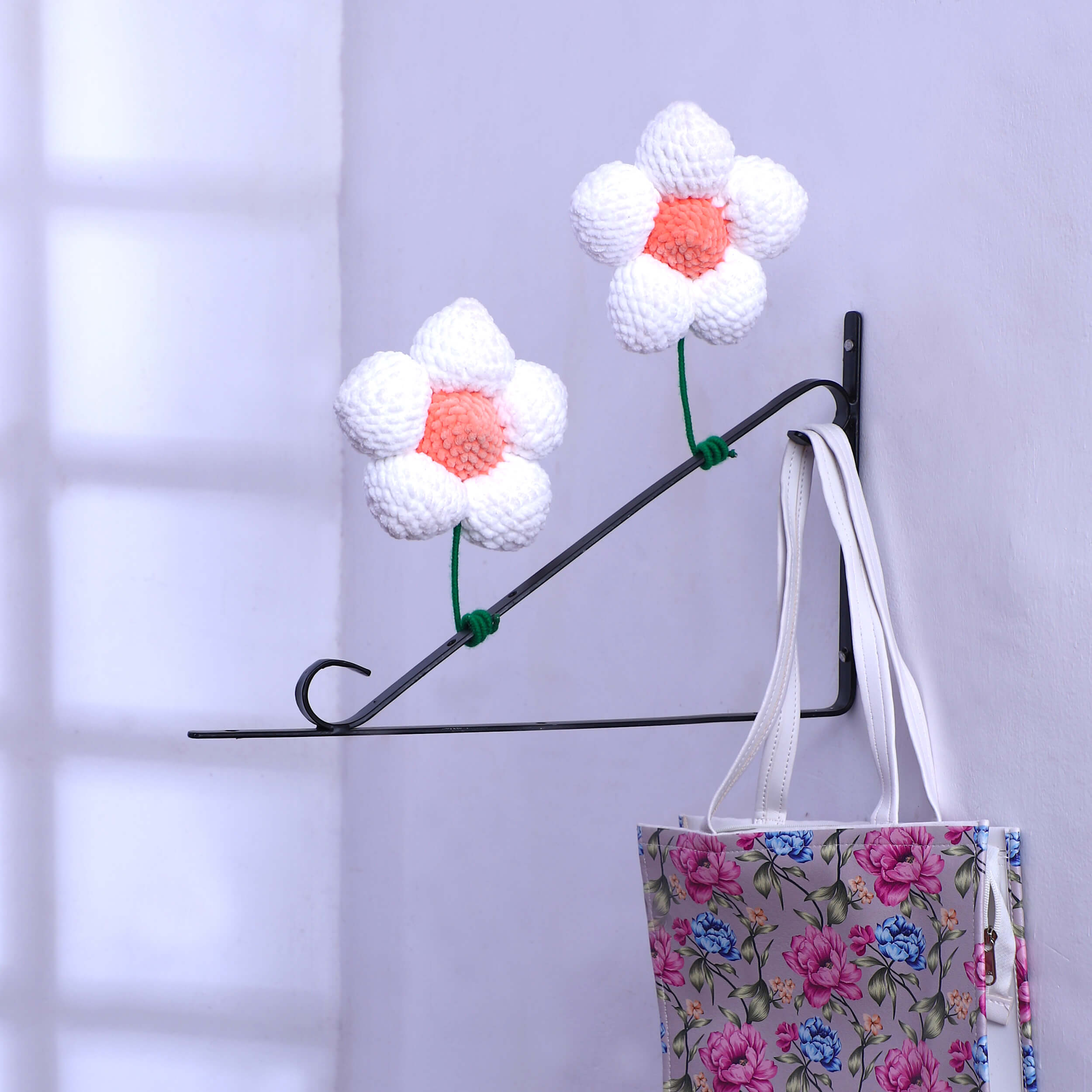 Handmade Amigurumi Flower with Bendable Stem - White/Peach