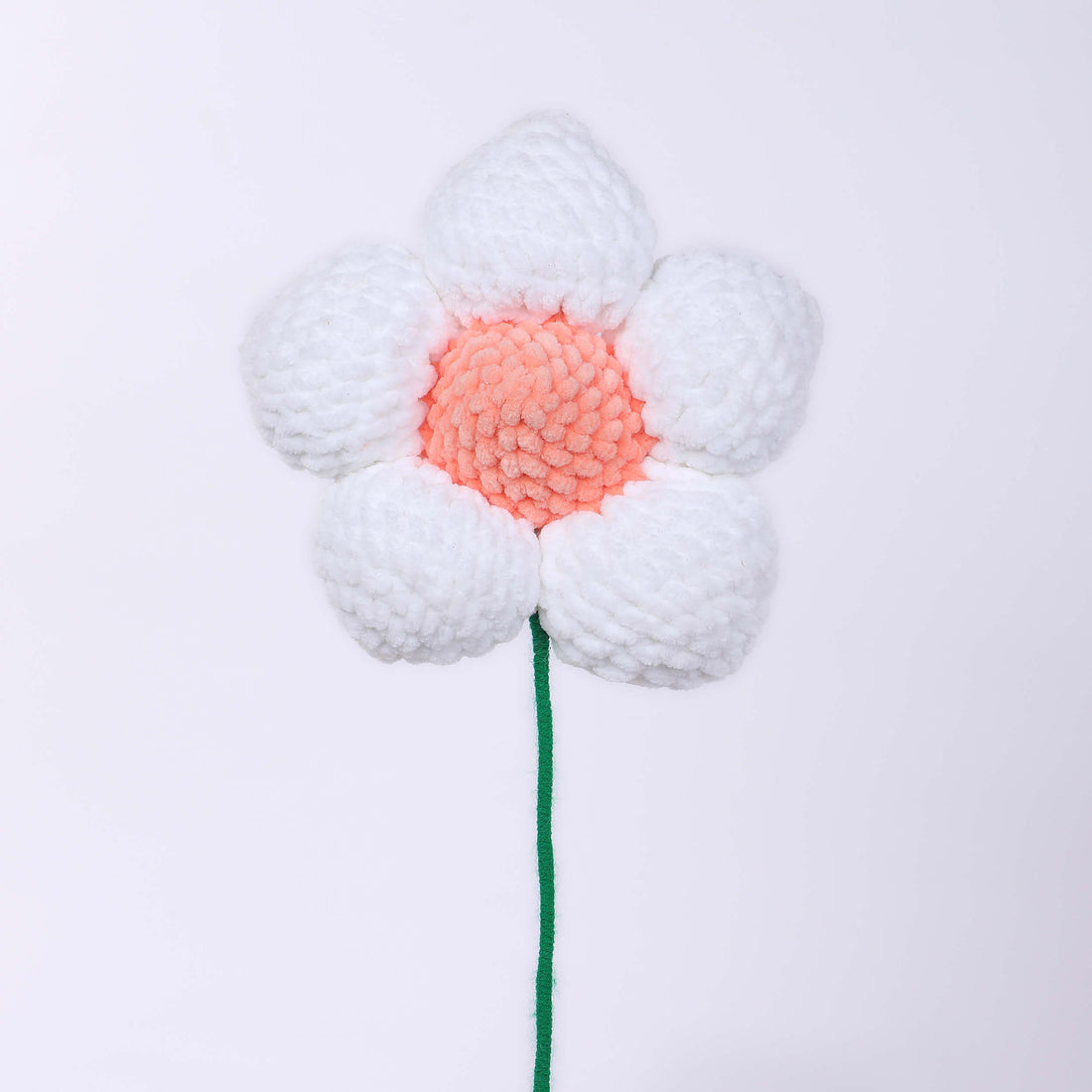 Handmade Amigurumi Flower with Bendable Stem - White/Peach