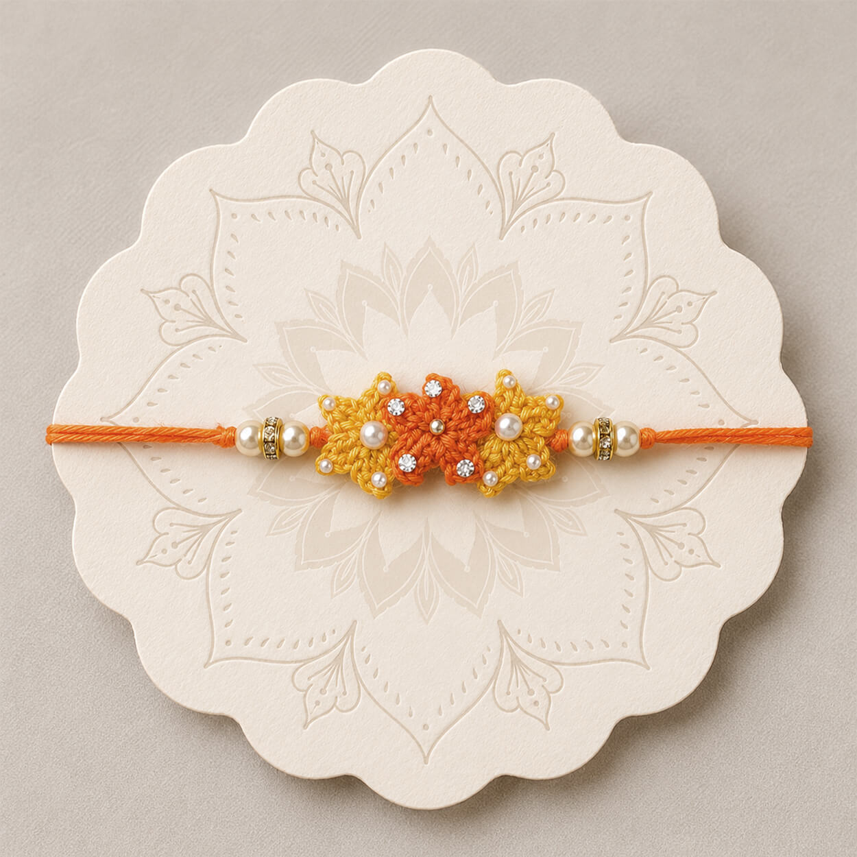 Handmade Crochet Marigold Blossom Rakhi