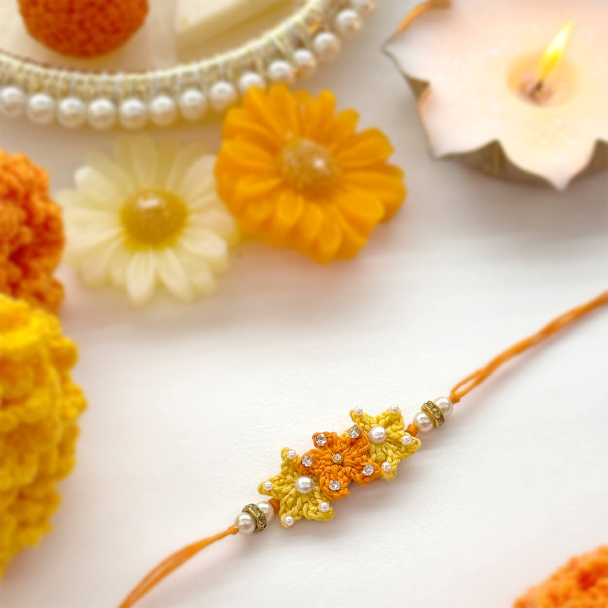 Handmade Crochet Marigold Blossom Rakhi