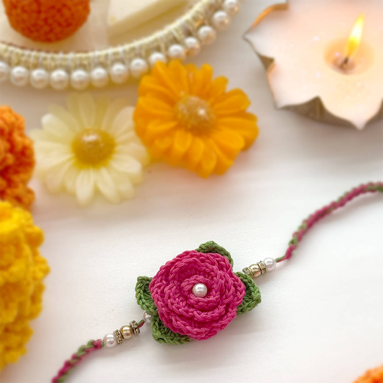 Handmade Crochet Rose Blossom Rakhi