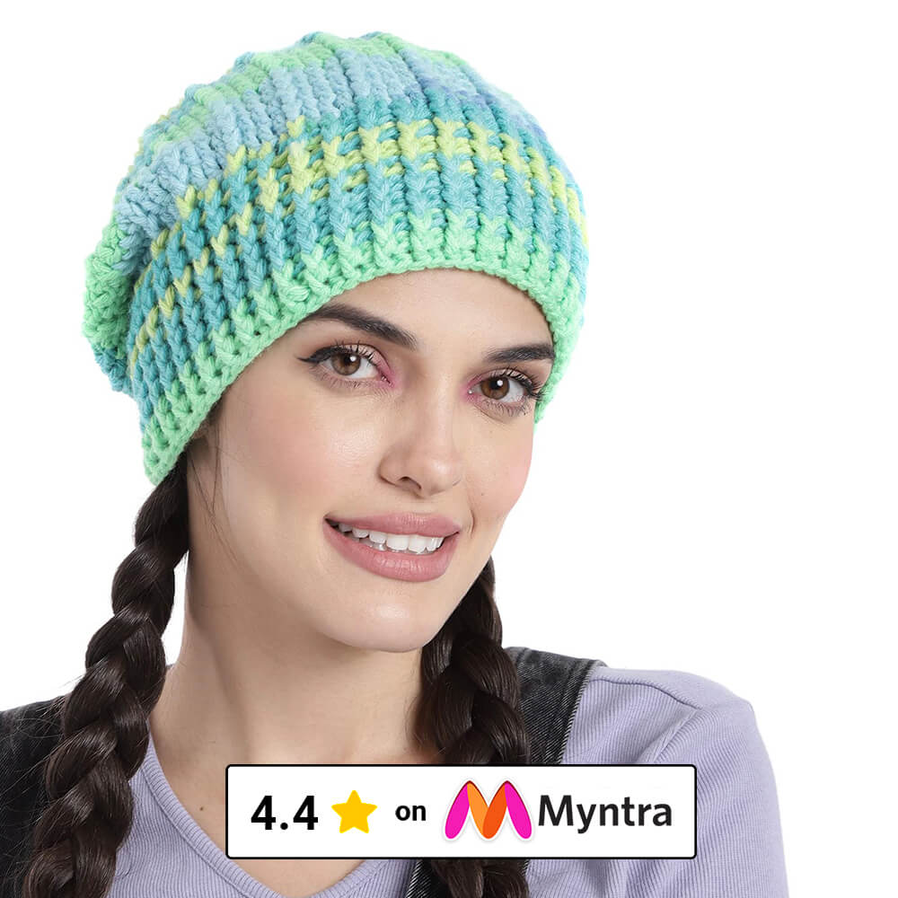 Self Striping Slouch Beanie - Green Turquoise Blue 3000