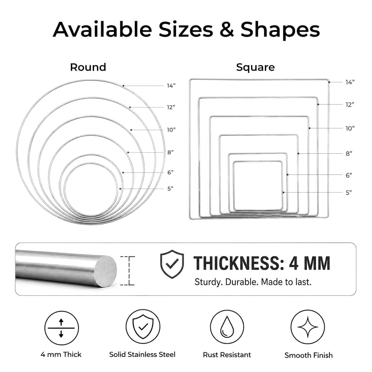 10-Inch Square Stainless Steel Craft Ring - Pack of 5