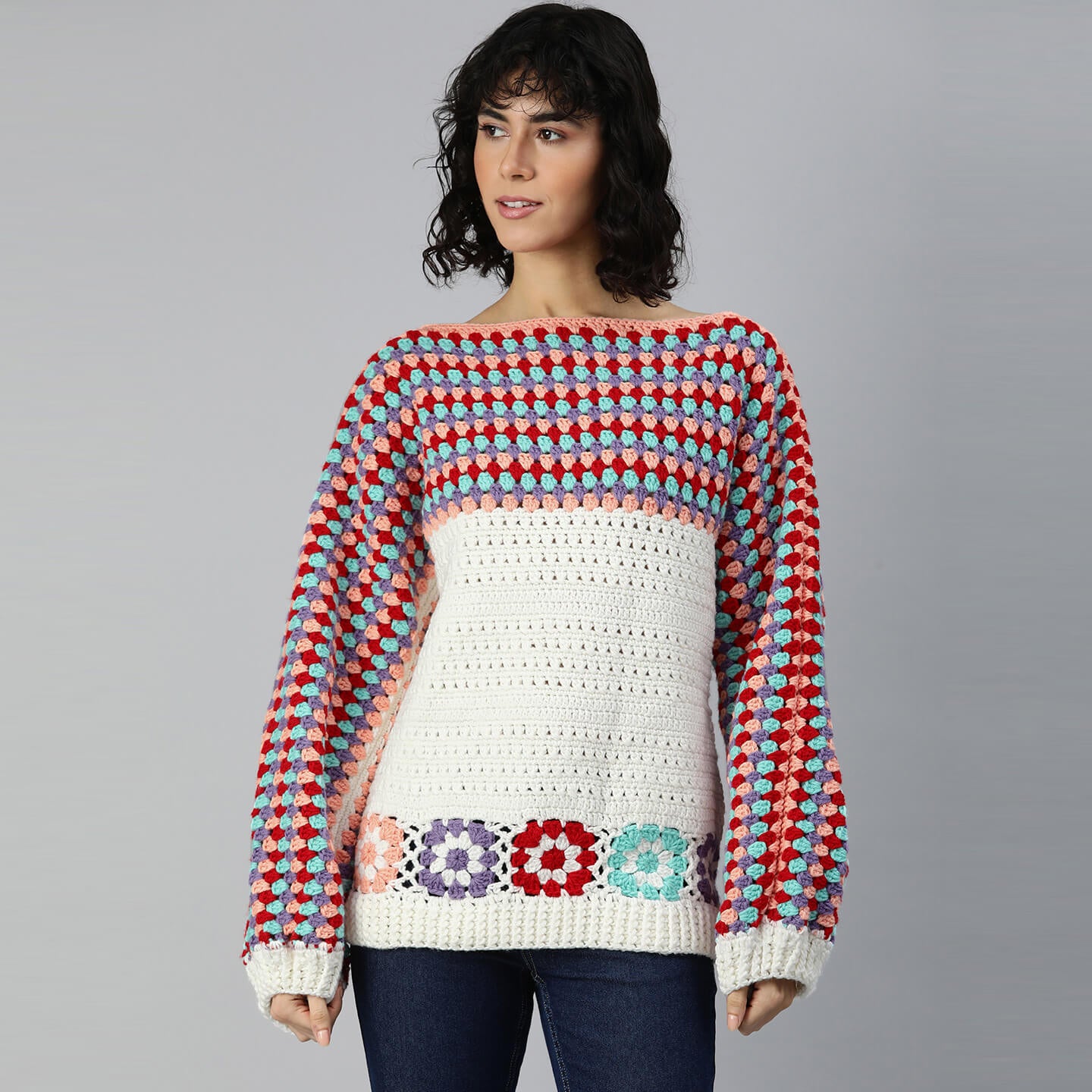 Handmade Striped Multicolor Pullover - 3371