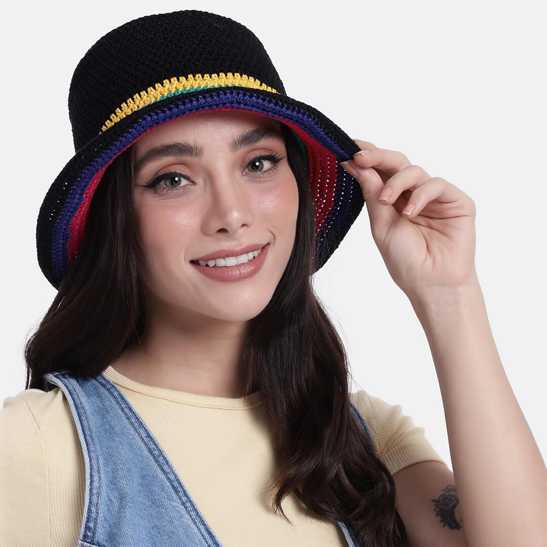 Black and Multi Crochet Sun Hat - 3242