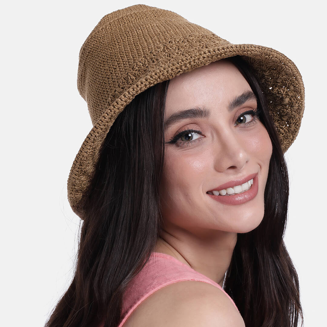 Golden Brown Crochet Sun Hat - 3244