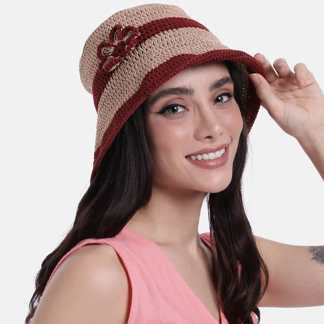 Maroon and Beige Sun Hat - 3247
