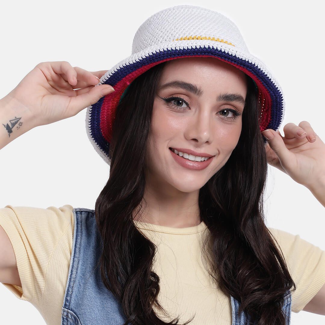 White and Multi Crochet Sun Hat - 3248
