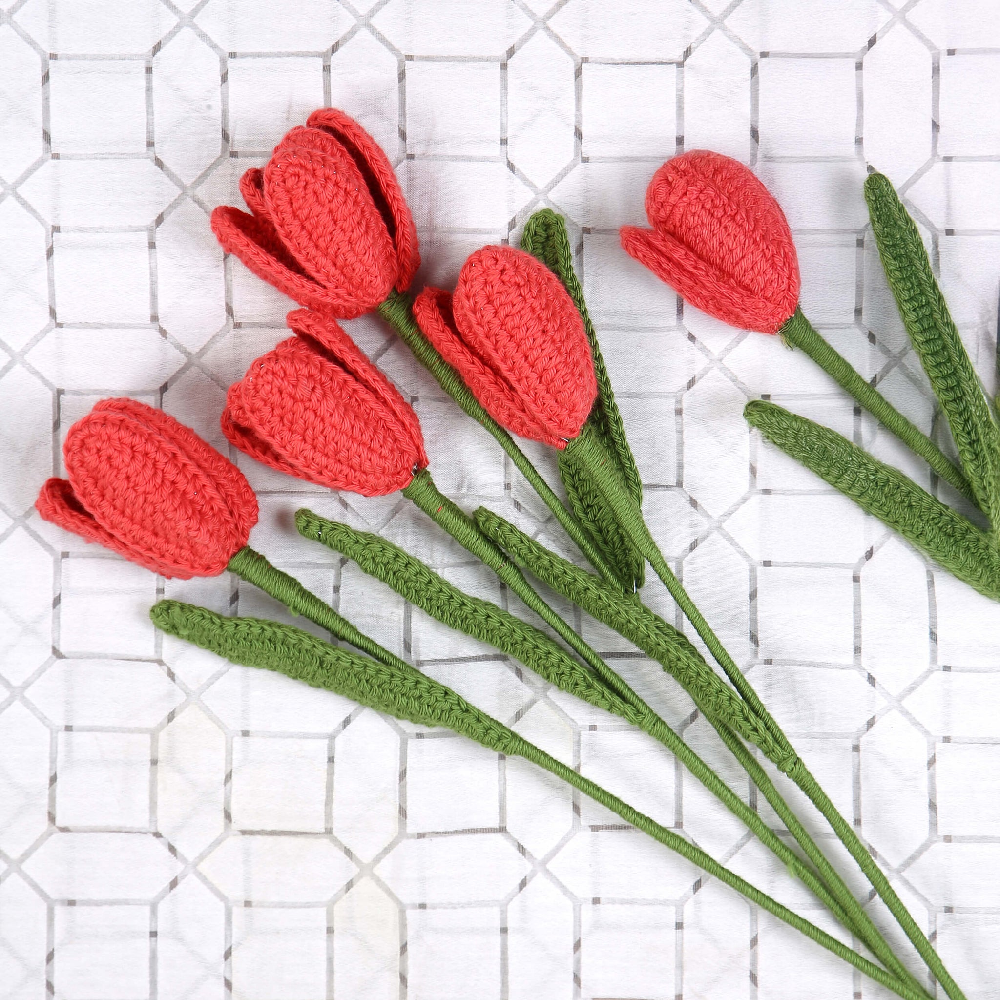 Open Tulip Treasures - Handcrafted Crochet Flowers - Coral Red