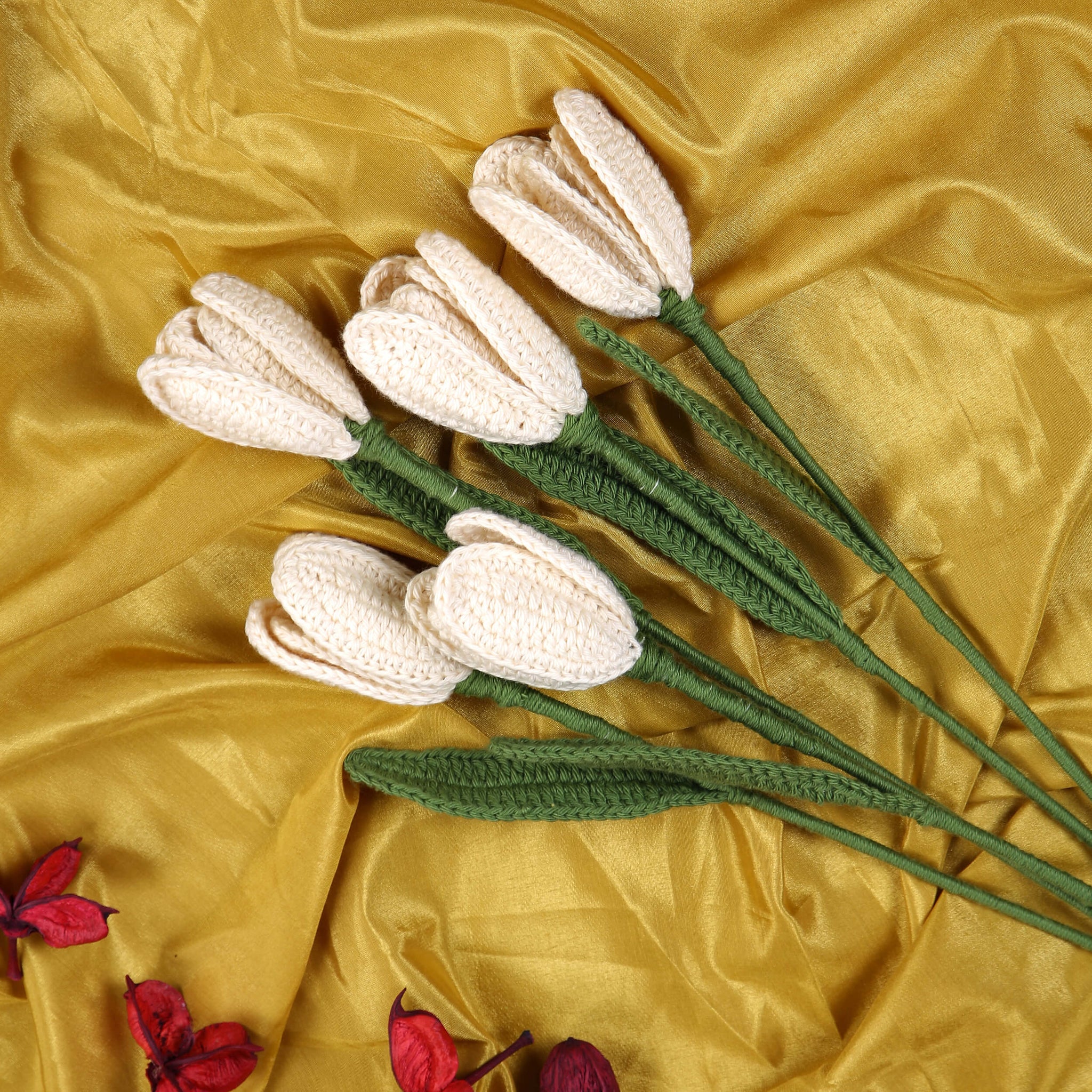 Open Tulip Treasures - Handcrafted Crochet Flowers - Cream