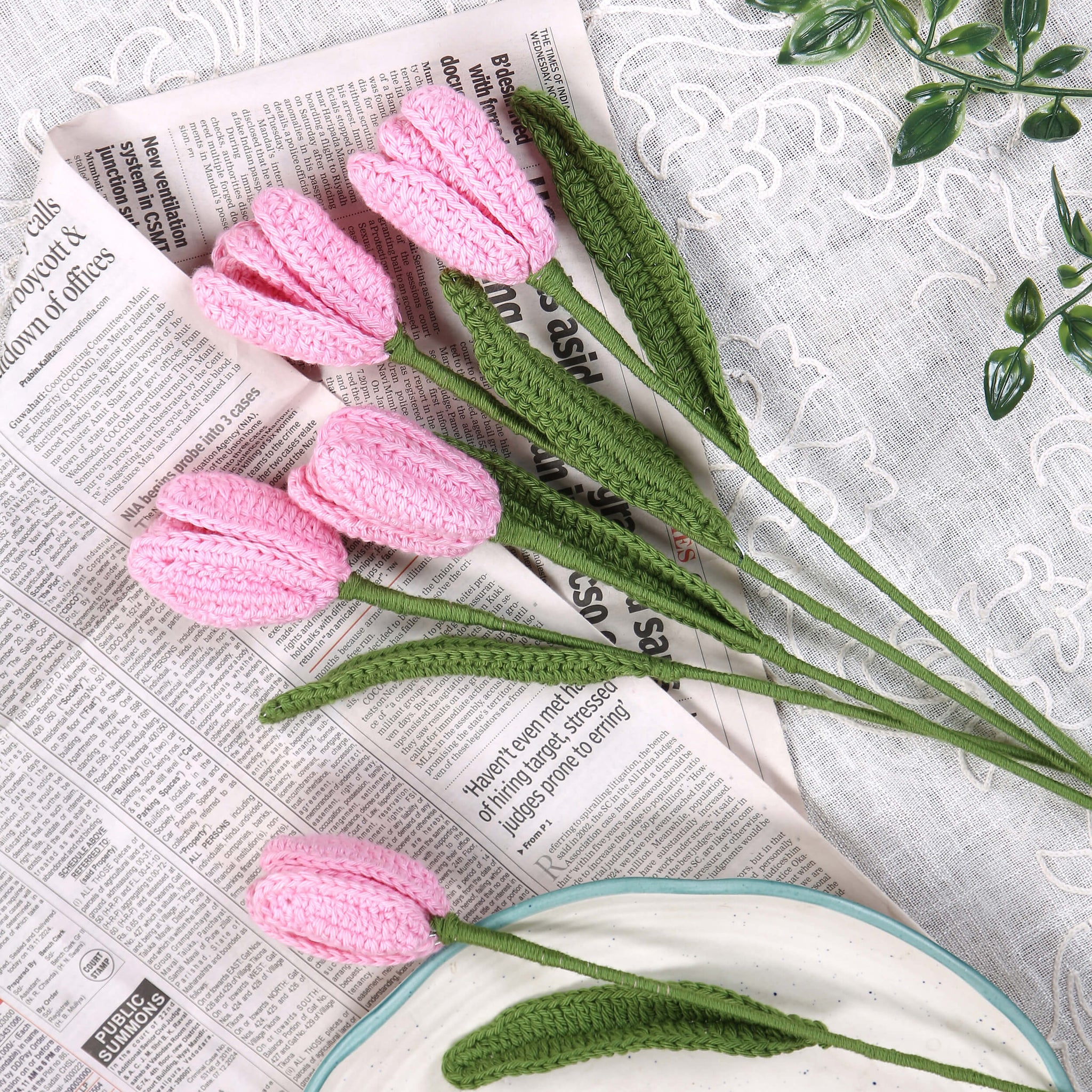 Open Tulip Treasures - Handcrafted Crochet Flowers - Baby Pink