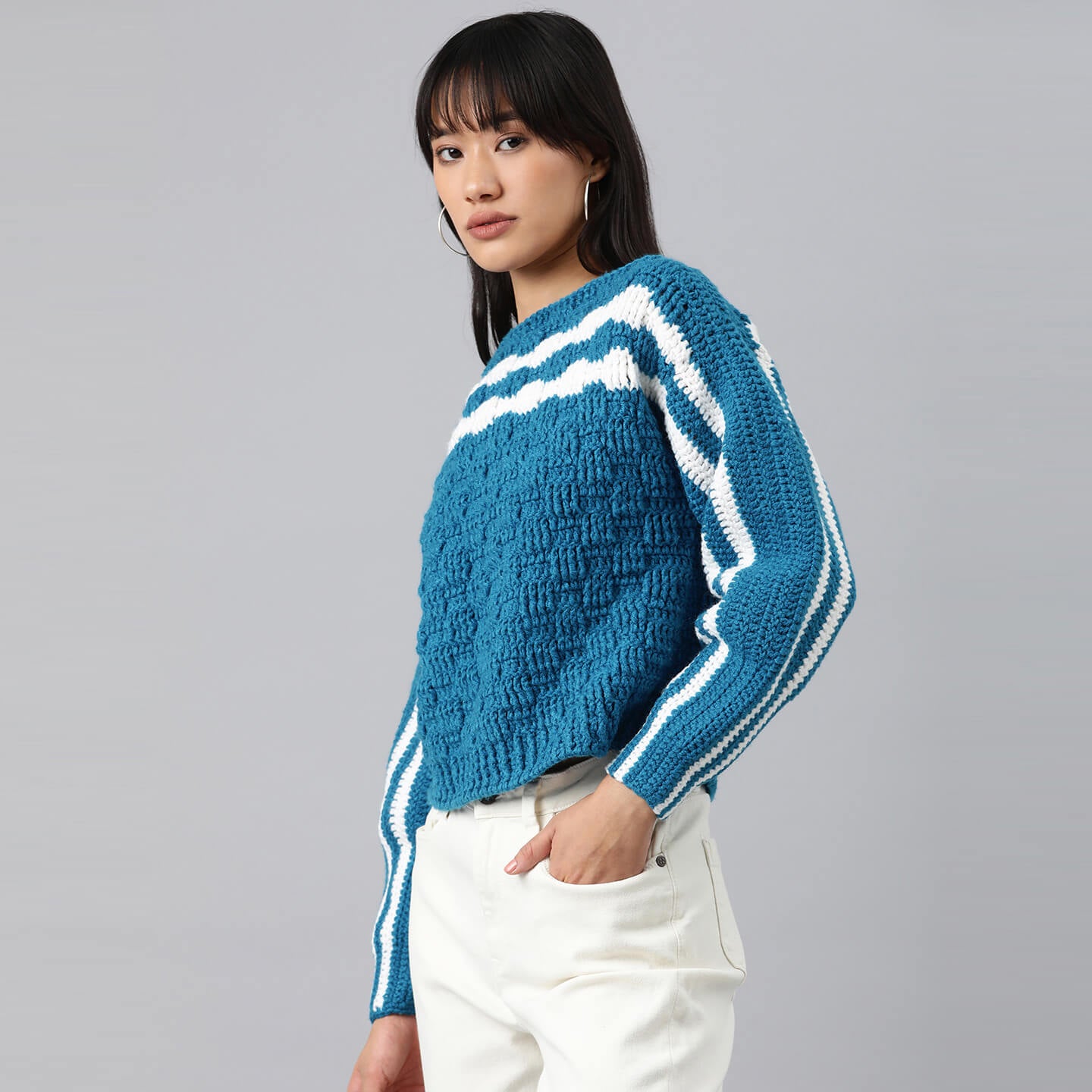 Turquoise and White Pullover - 3122