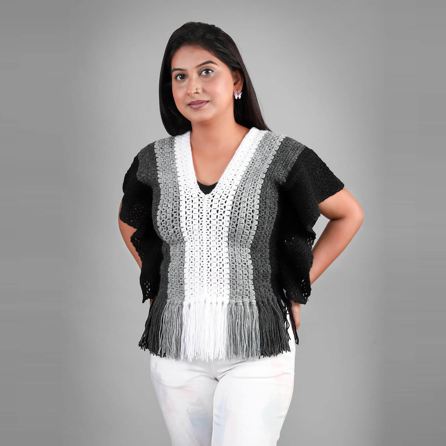 Black and White Woolen Top - 3273